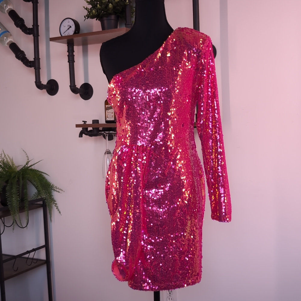 Radiant AKIRA Maximum Sequin Mini Dress in Hot Pink. Perfect for Birthdays